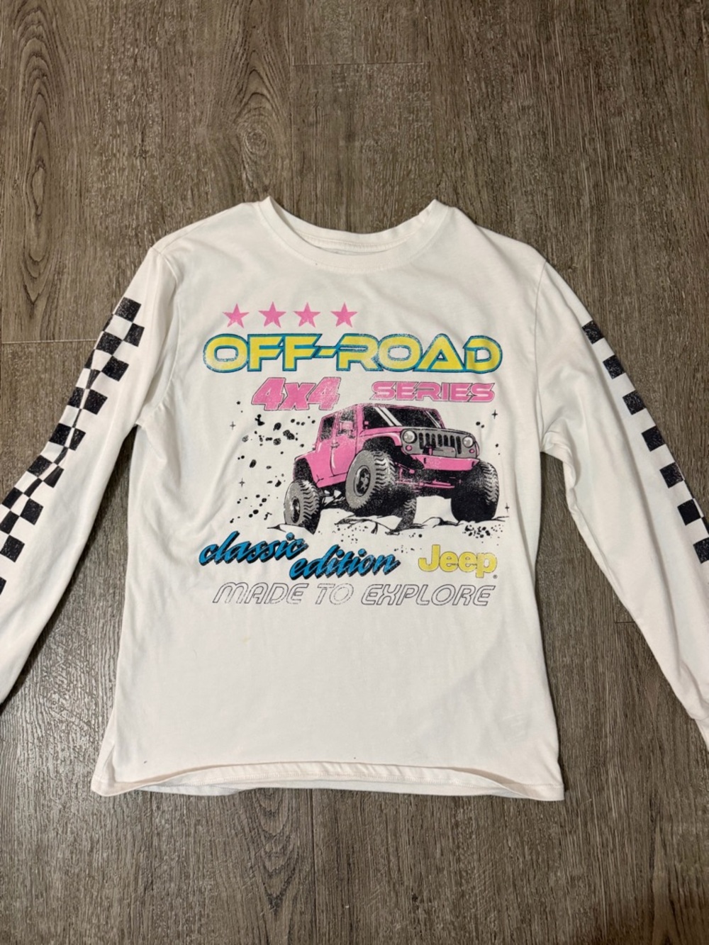 Jeep White Long Sleeve Tee with Pink Jeep Graphic and Black Checkered Sleeves